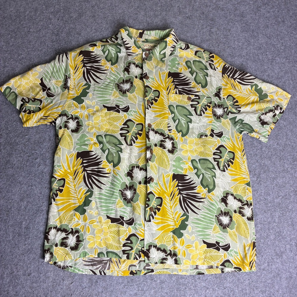 Island Fever Mens M Hawaiian Shirt Yellow Green Tropical Floral Aloha Button Up